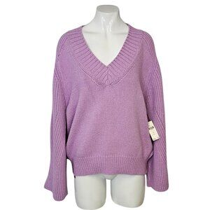 Anthropologie Bell-Sleeve V-Neck Sweater, Purple, Cotton Blend, Knit, Size 1X